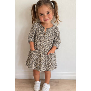 Bonpoint Girls Floral Dress Size 4 Gray Cotton Long Sleeve Paris Boutique